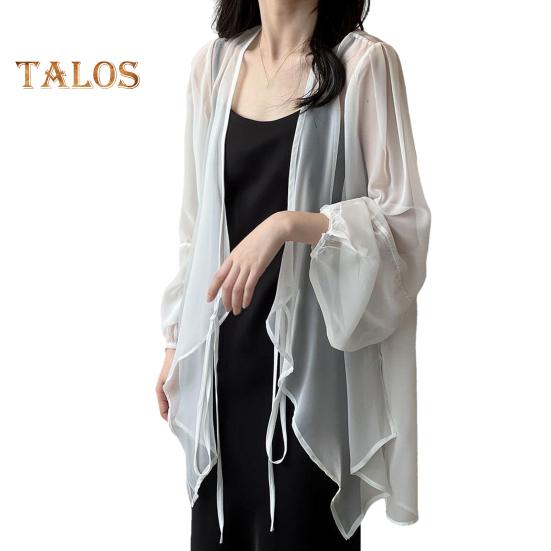 

Женский летний шифоновый солнцезащитный кардиган с v-образным вырезом и длинными рукавами, шифоновый топ, прозрачное пальто с шалью на шнуровке и нерегулярным подолом M белый