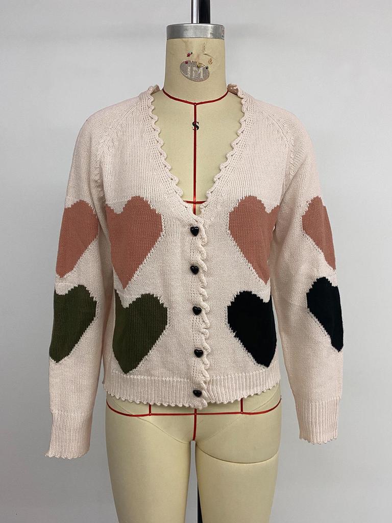 2026 Autumn/Winter Women's Cute Heart V-Neck Loose Knit Cardigan Sweater