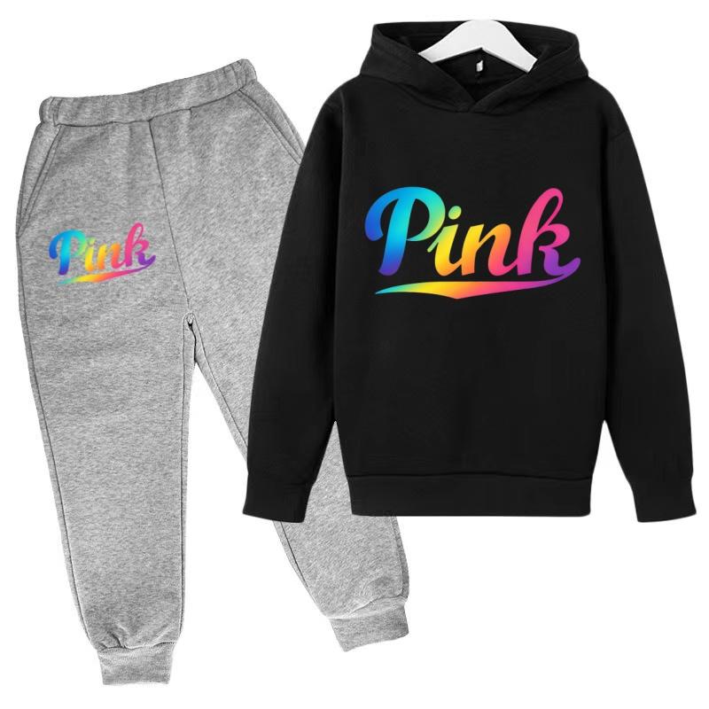 Kids Hoodie Pink Letters Print Coat Boy Girl Toddler 3-12 Years Charming Casual Clothing Top+Pants 2P Leisure Sports Fashion Set