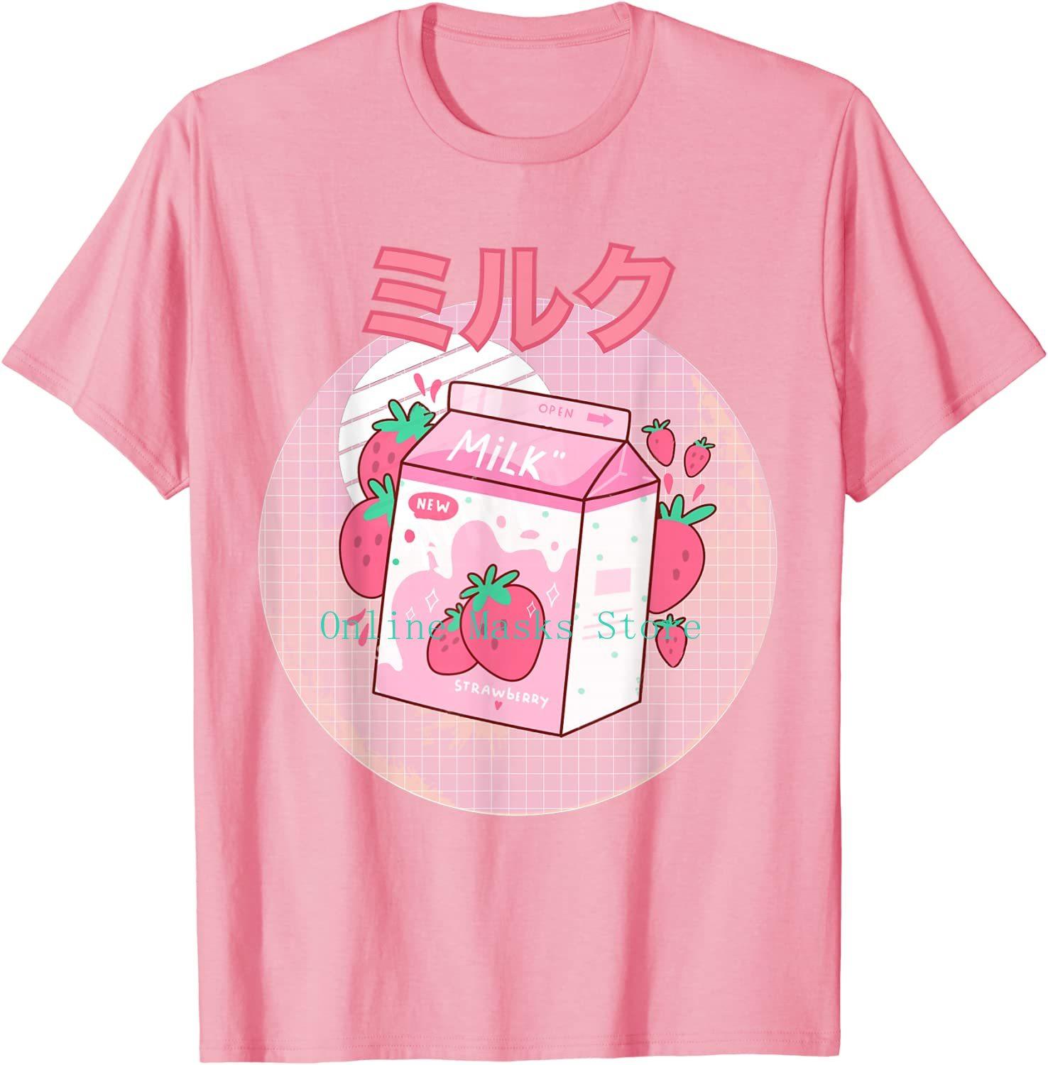 Carton Pink Funny Strawberry Milk Shake Japanese Retro 90s TShirt Carton Unisexs ShortSleeved Harajuku Graphic Oversized Tee L