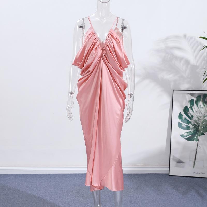 Fashion Women s Solid Color Sexy Halter Dress V-Neck Dress S розовый