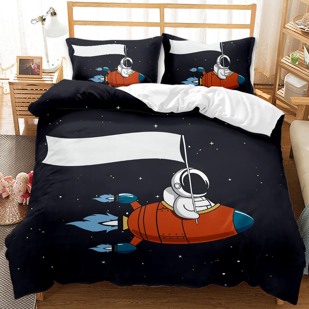Child Cartoon Astronaut Duvet Cover Bedding Set King Size Boys Kids Galaxy Stars Out Space Soft Polyester Comforter Cover Black