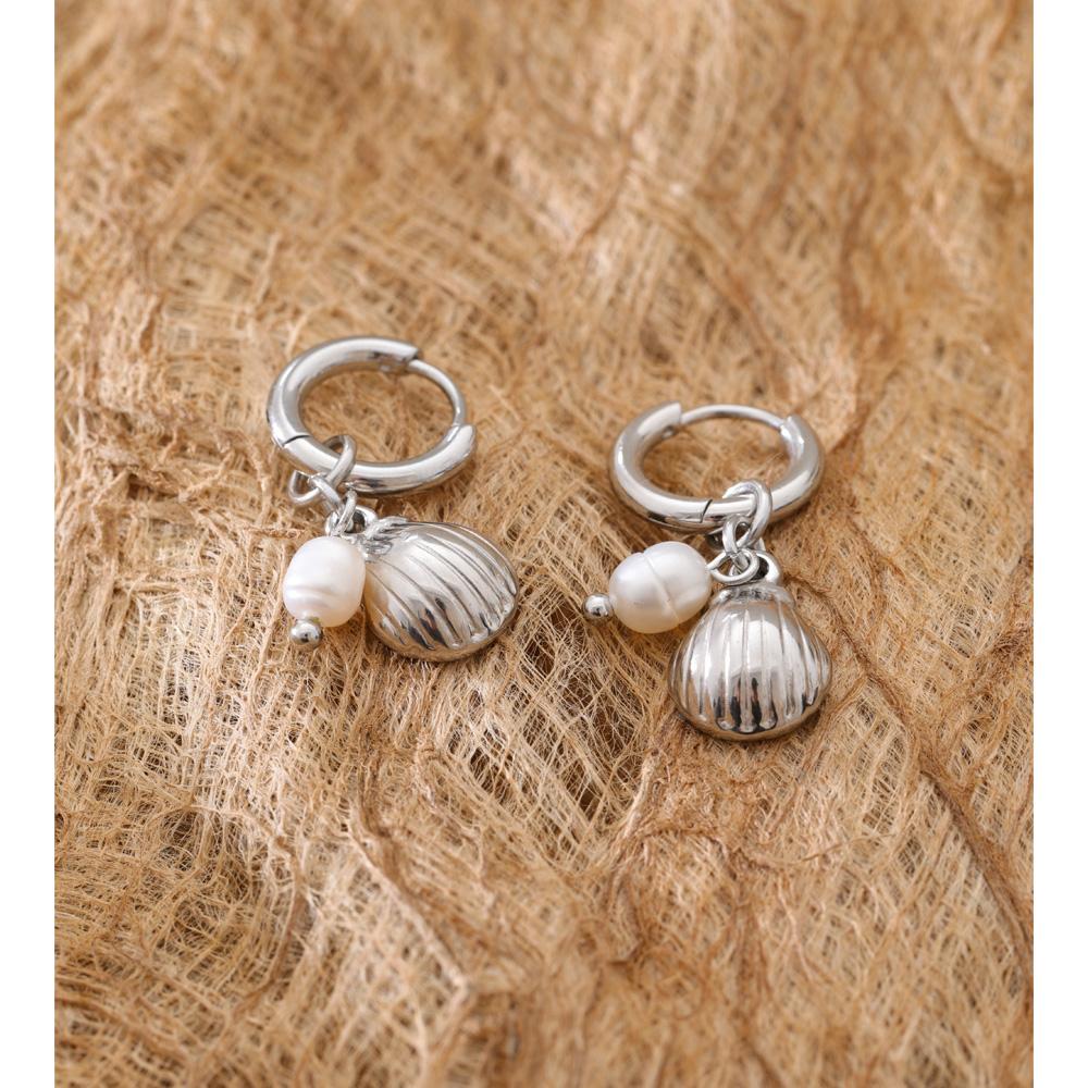 Yhpup Ocean Series Stainless Steel Natural Pearl Metal Shell Drop Hoop Earrings High Quality Charm Daily Jewelry Accessories