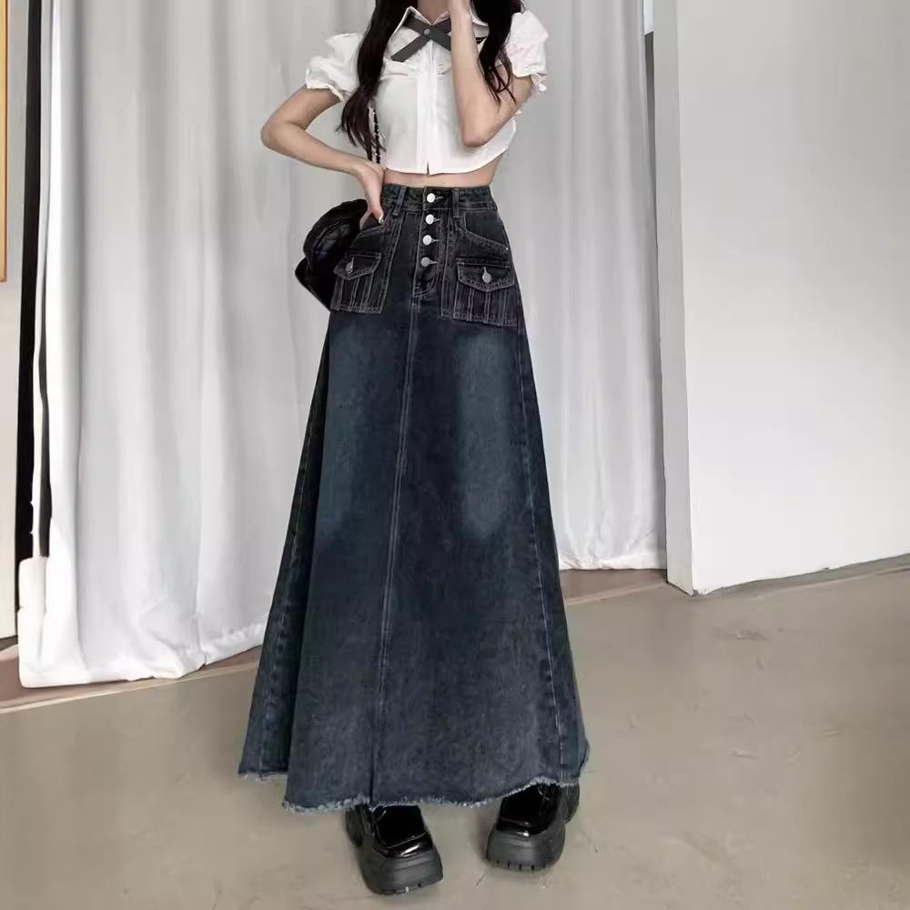 

Юбка-трапеция из денима больших размеров с высокой талией — длинная юбка в стиле ретро для женщин, коллекция весна/лето 2025 г. L сине серый