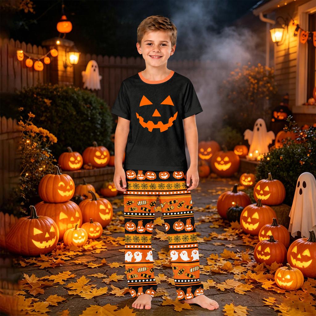 Family Matching Halloween Printed Pajama Set Short Sleeve Top and Pants for Parents and Kids