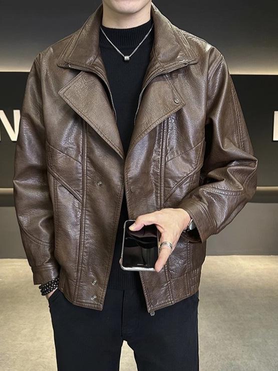 Men's Trendy Faux Two-Piece Leather Motorcycle Jacket - Autumn/Winter Casual, High-End Feel, Stylish and Handsome