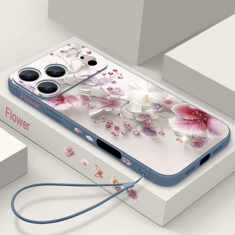 Pink White Flower Pattern Lanyard Case For iPhone 17 Pro Max Soft Silicone Cover For iPhone 16 Pro Max Funda iPhone 15 14 13 12 11 16E Air