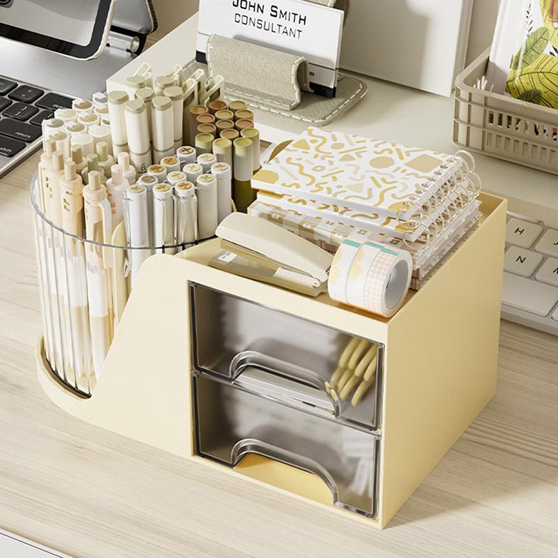 Desk Organizer Box Pen Holder Cosmetic Makeup Brush Storage With Drawer 360Degree Rotating Versatile Stationery For Office Home Table