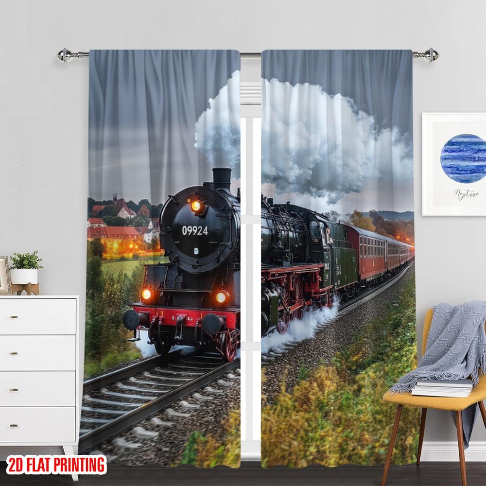 Set Of 2 Flat Printing Drapes Old Steam Train Railway Track Spring Nature Landscape Light Filter Festive Backdrops Curtain Made Polyester