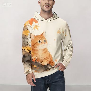 Men's Cat Graphic Print Hoodie Casual Long Sleeve Hoodie for Outdoor Warmth