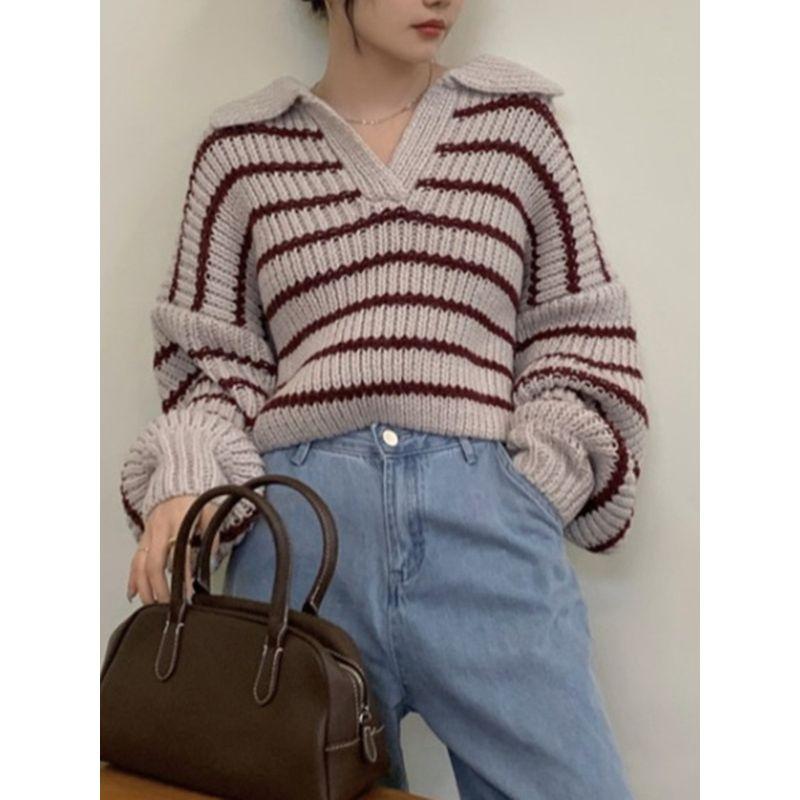 New Fall Women's Clothing Stripes Sweater Stylish Niche Style Knitwear Loose Outer Wear Small Short Tops
