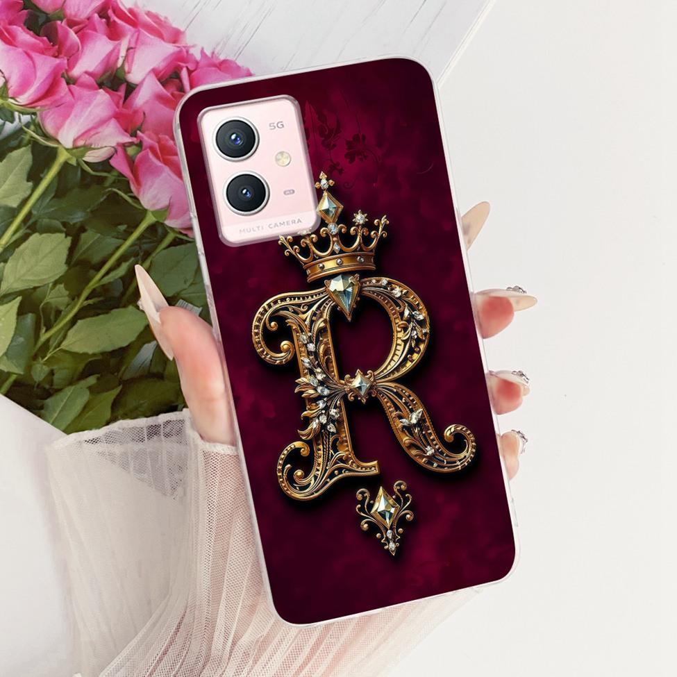 For Vivo Y33s 5G Case Cover Transparent Luxury Crown A-Z Letters 2D Flat Pattern Soft Phone Case For Vivo V2166A