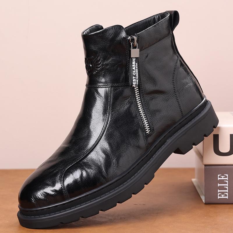 Men's Genuine Leather High Top Winter Boots - Warm Velvet-Lined Casual Martin Boots in British Style.