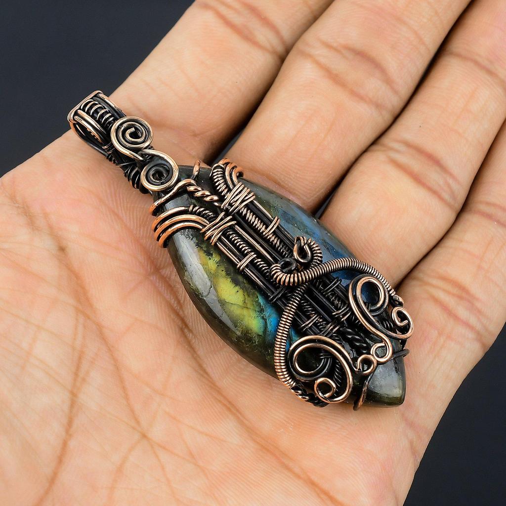 Labradorite Pendant, Handmade Gemstone 999 Copper Wire Wrapped Pendant Antique Jewelry, For Gift Silver Jewelry