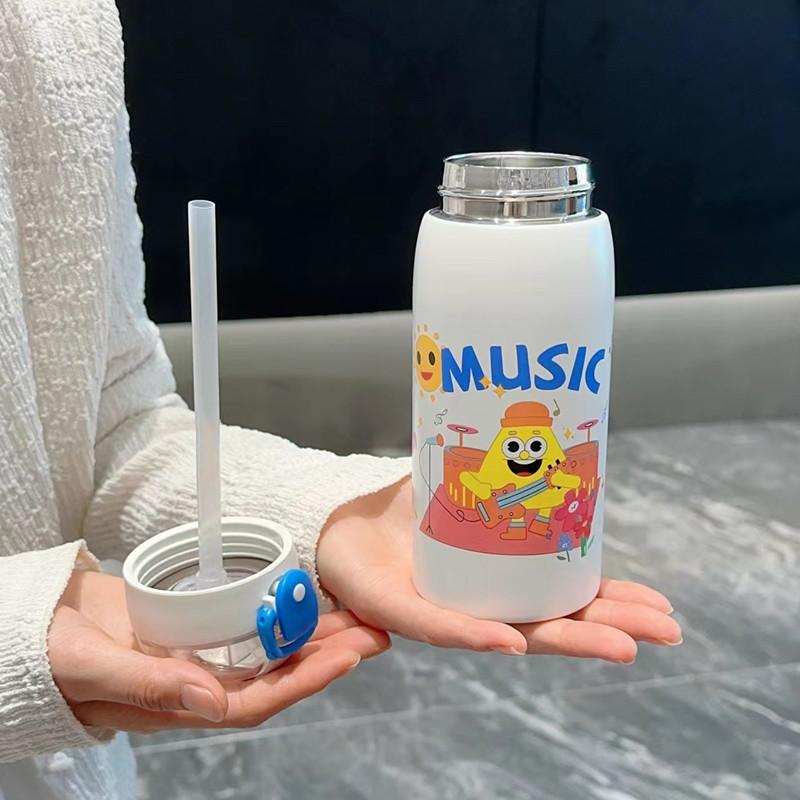350ml/500ml Cartoon Stainless Steel Vacuum Flask With Straw Portable Cute Kids Thermos Mug Travel Thermal Water Bottle Tumbler