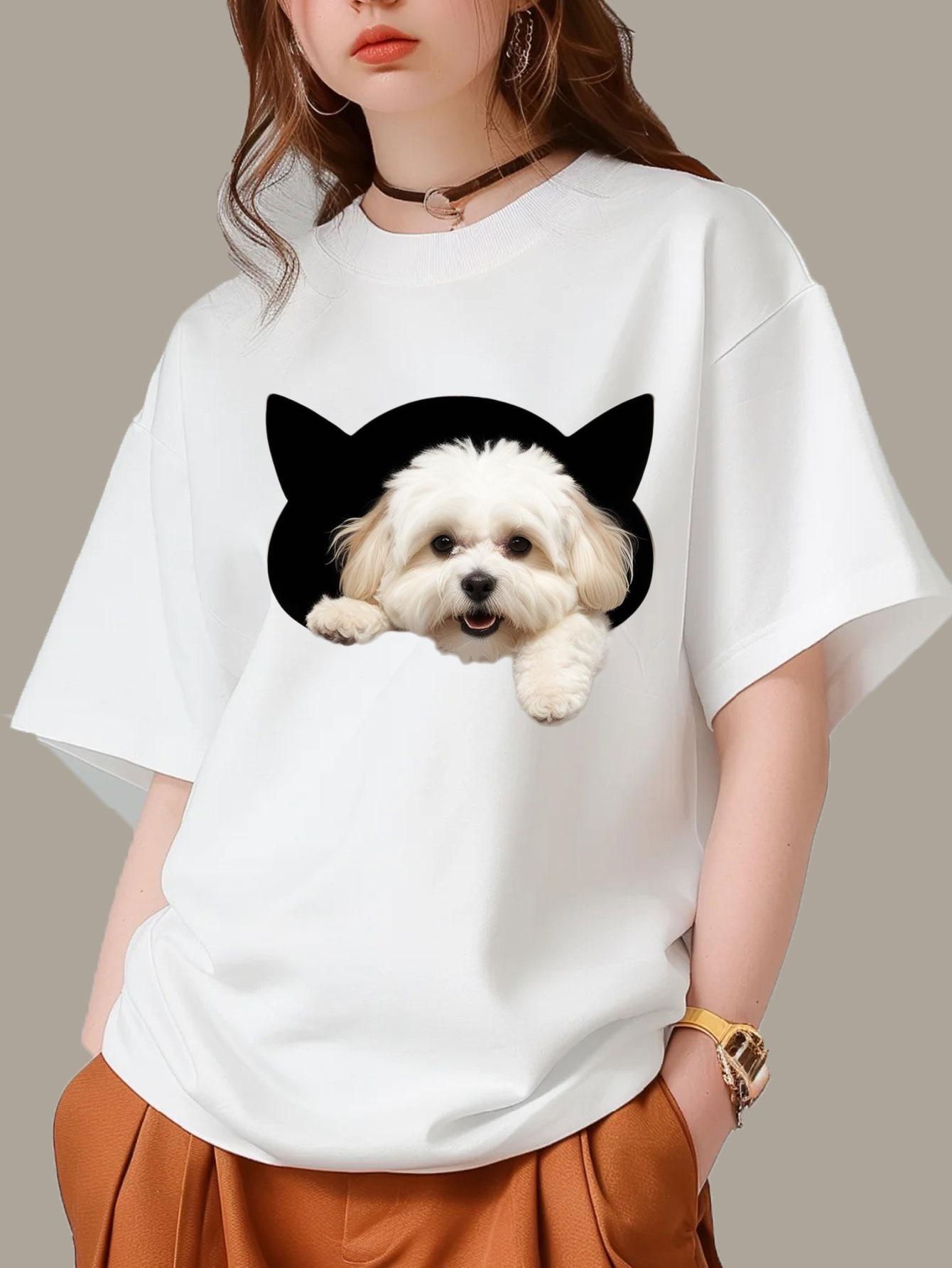 

Dog Print Fun Round Neck Women s T-shirt Pure Cotton Comfortable Short Sleeved Summer Women s Casual Harajuku Top 4XL