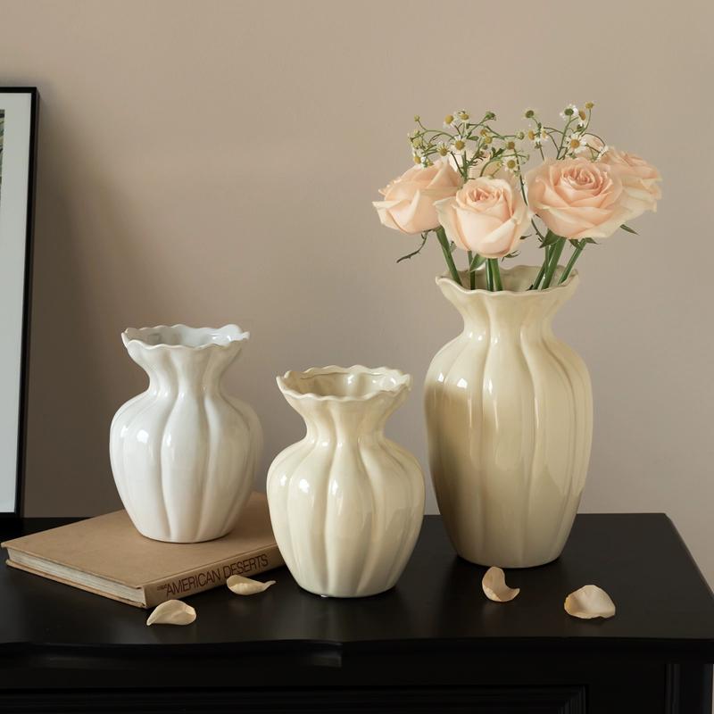 Creative Stripe Vases Decor, Ceramic, Home Bedroom Living Room Study, Flower Arrangement Table Decorations Cream Style Vase, 1Pc