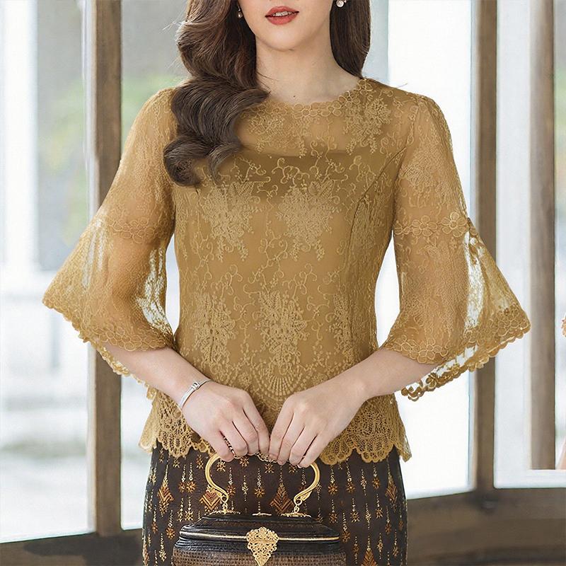 

ZANZEA Женская повседневная блузка с круглым вырезом и рукавами 3/4, кружевная вставка 4XL хаки