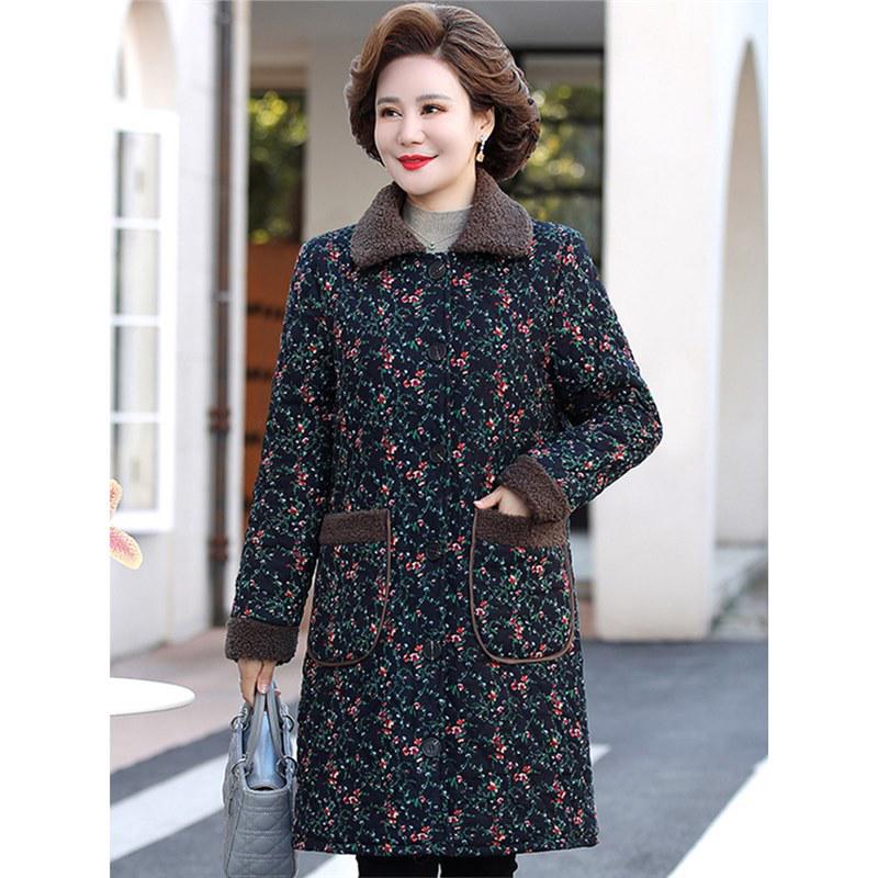 Mamas mittellange Winterjacke mit Blumenmuster - Fleecegefüttert & verdickt für Wärme, ideal für Frauen mittleren und höheren Alters