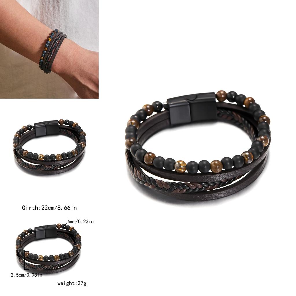 Geometric Style Mens Weaving Leather Wristband With Bead Design For Casual Gift