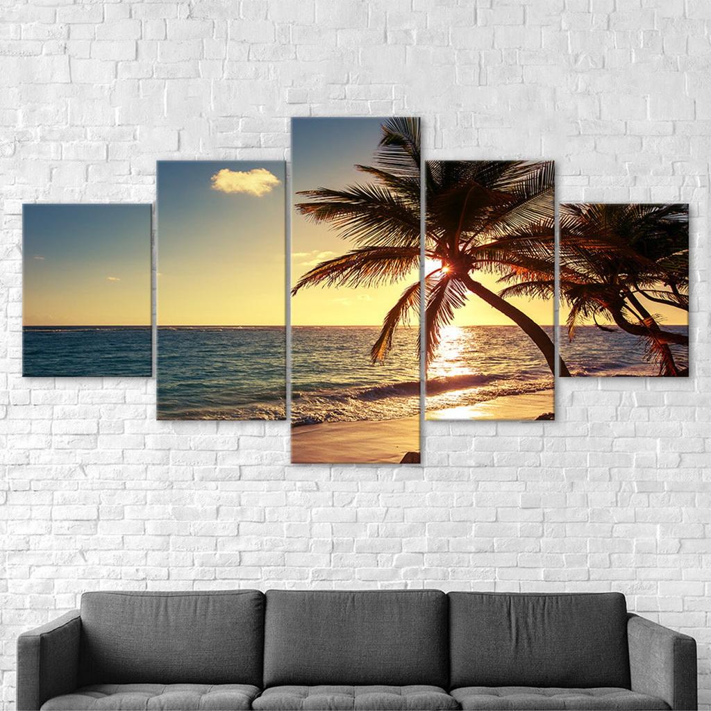 Sunset Beach Coconut Tree Canvas 5 Piece Five Panel Print Modern Wall Art Poster Picture Home Decor Gift For Him For Her