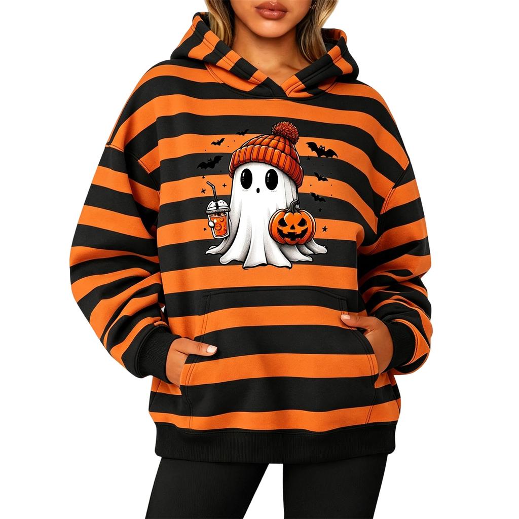 Women's Fashion Striped Print Long Sleeve Pullover Hoodie with Pockets for Halloween