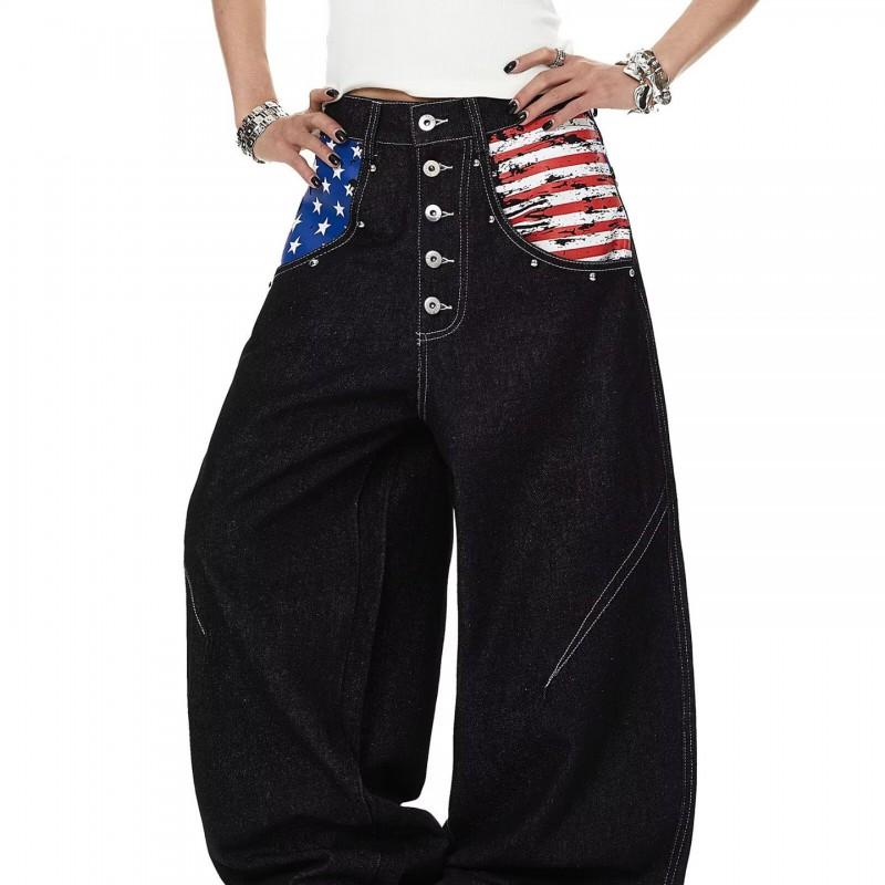 Unisex Relaxed Fit Denim Jeans With Deconstructed Flag Print Contrast Stitching Button Fly Mid-Rise Straight Cut
