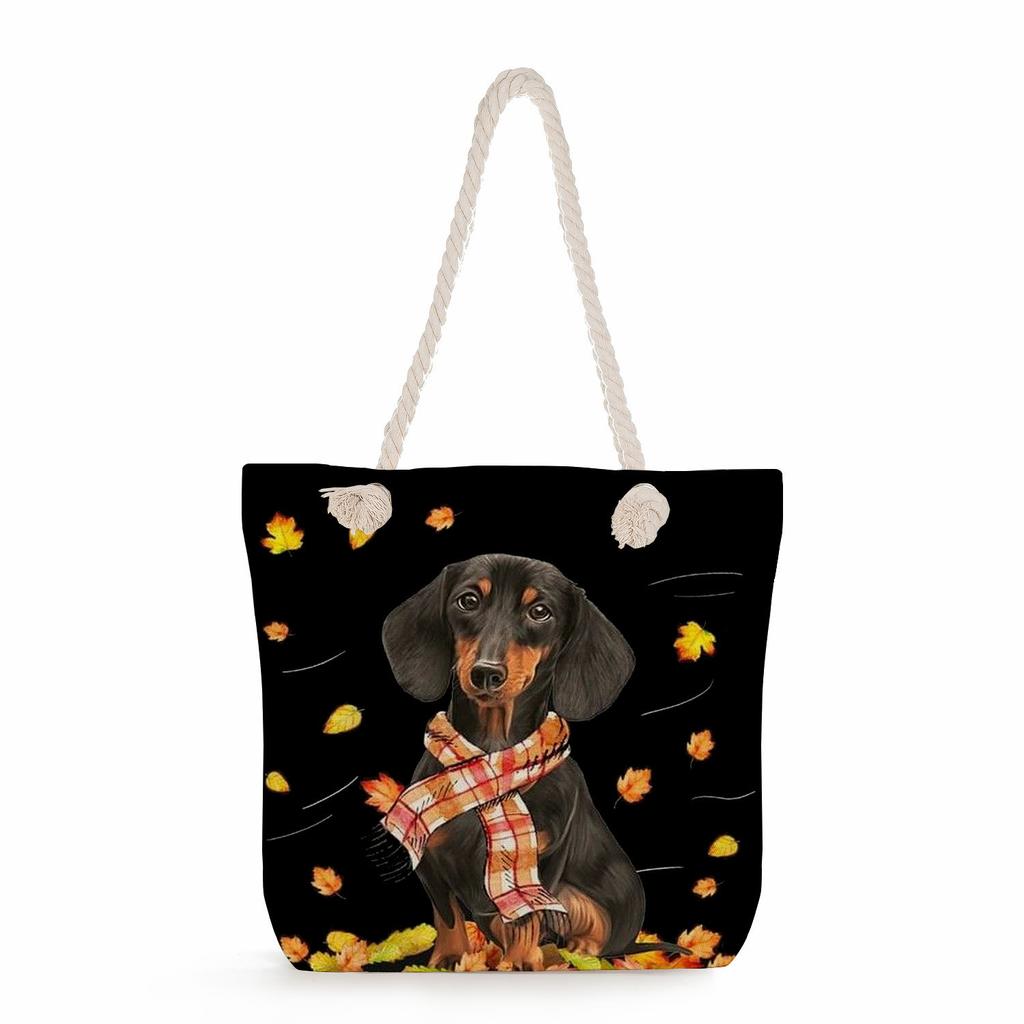 Sausage dog print thick rope single-shoulder beach bag 7274 CLE