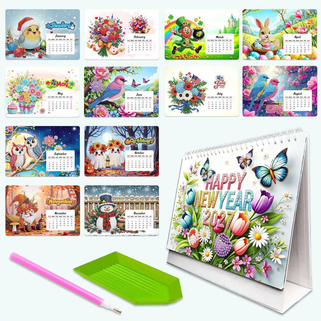 2027 Creative Cartoon DIY Diamond Painting Desk Calendar Ornament