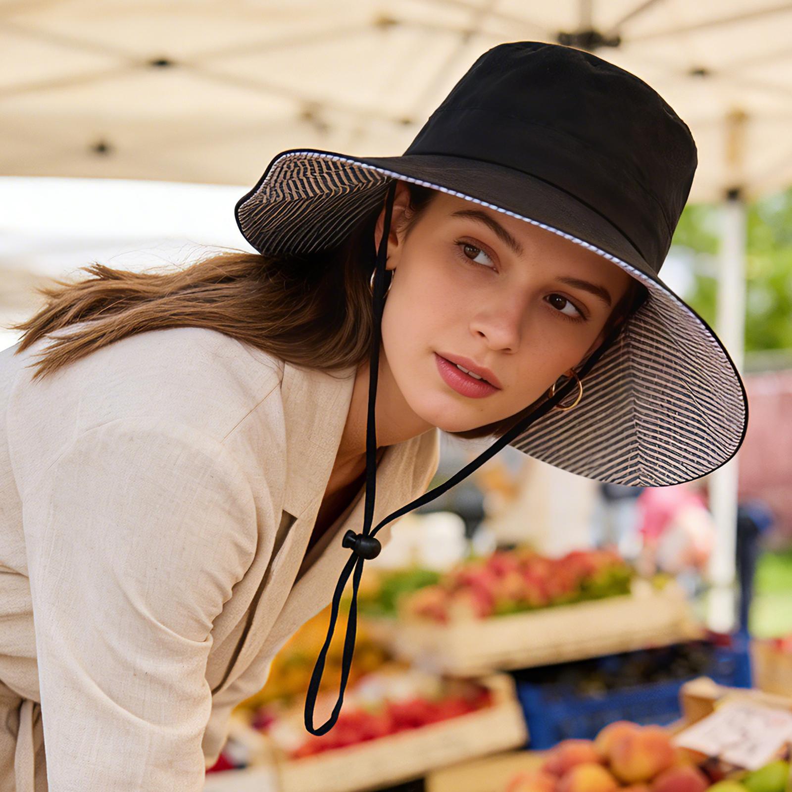 Летняя женская солнцезащитная шляпа-панама с полосатой подкладкой, подходит для путешествий на открытом воздухе, шляпа-тент с широкими полями 55-58cm чёрный