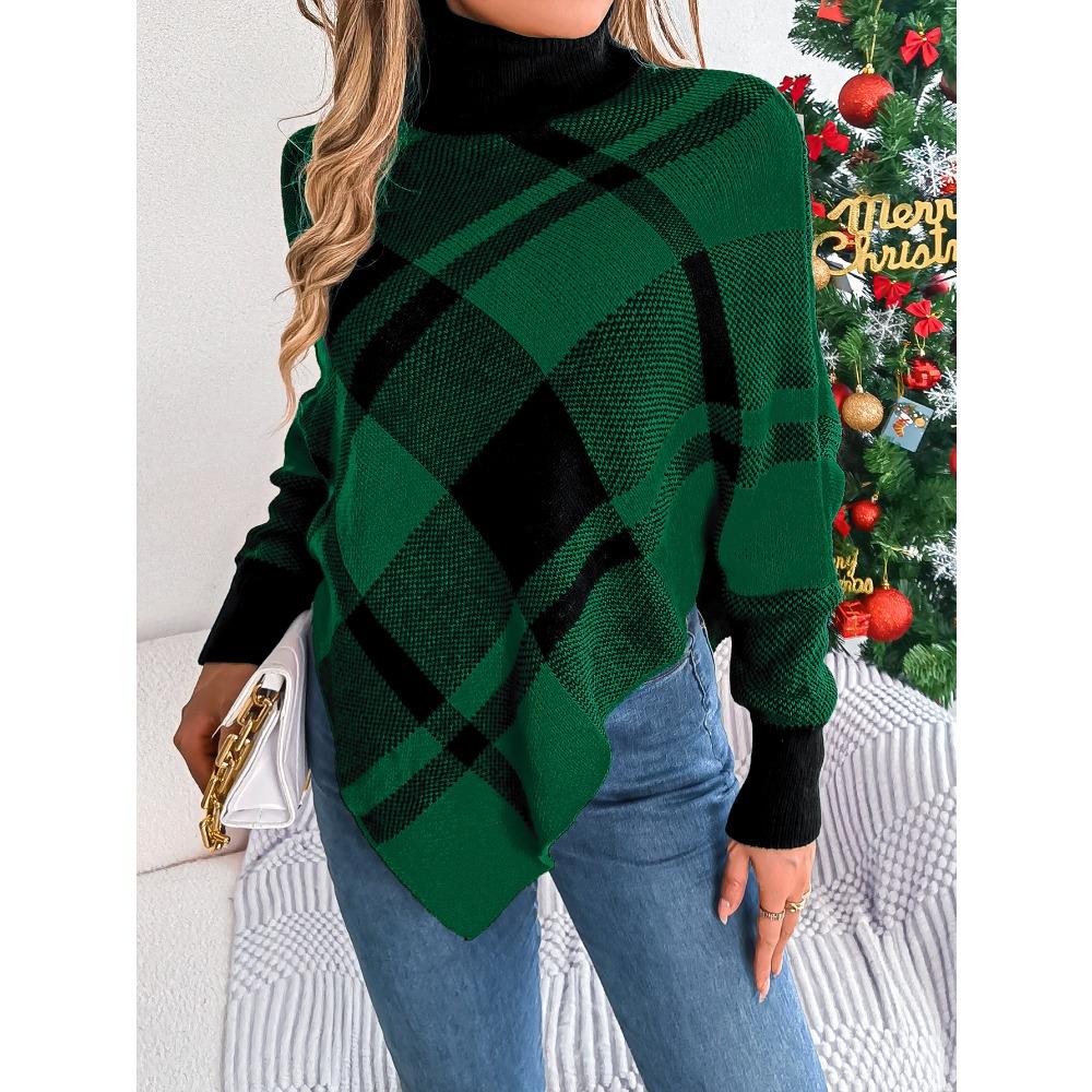 Autumn/Winter Women's Hooded Sweatshirt Casual Colour-Blocked Checked Turtleneck Long-Sleeved Cape Knit Jumper Christmas Ladies' Knitted Top