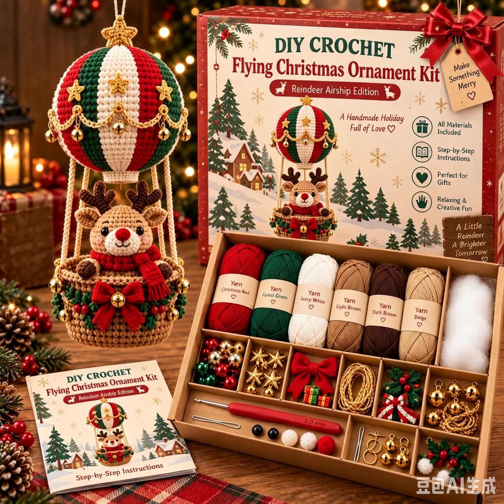Flying Christmas DIY Crochet Kit, Handmade Xmas Ornament Knitting Set for Starter, Craft Yarn & Hook Kit, Christmas Gift