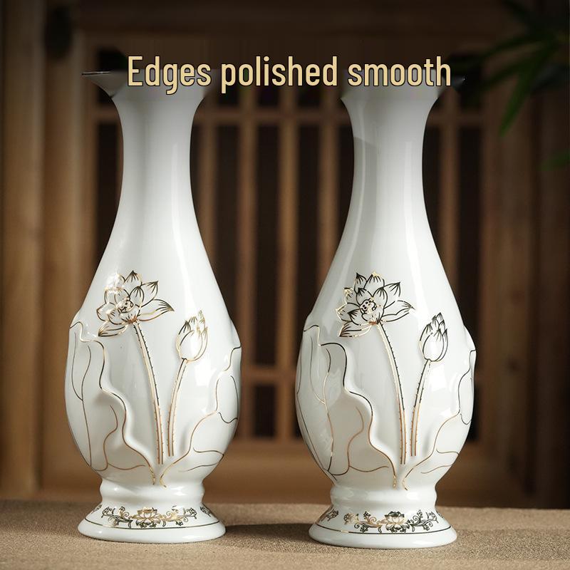 Gold-Painted Ceramic Jade Vase for Offering Flowers To Buddha - Guanyin Bodhisattva Pure Water Bottle and Buddhist Altar Ornament.