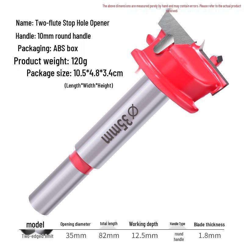 35mm Professional Double-Edge Hinge Hole Opener with Round & Hex Shank, Alloy Depth Stop