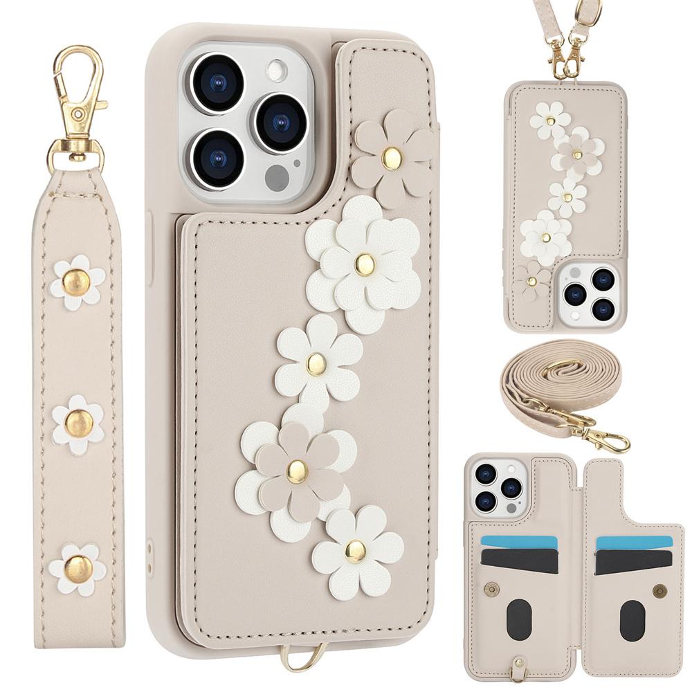 3IN1 Crossbody Rope Wrist Strap Flowers Leather Wallet Phone Case For iPhone 15 11 12 13 14 16 Pro Max X XR XS 7 8 Plus SE Cover