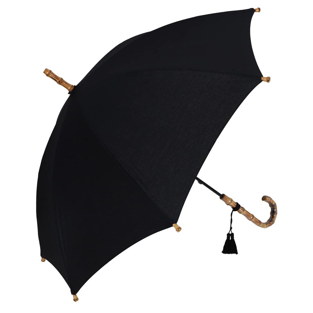 Wakao WAKAO Bamboo Handle Natural Wood Long Umbrella for Sunny and Rainy Days Cotton Pique Fabric Waterproof UV Protection Made In Japan (Black)