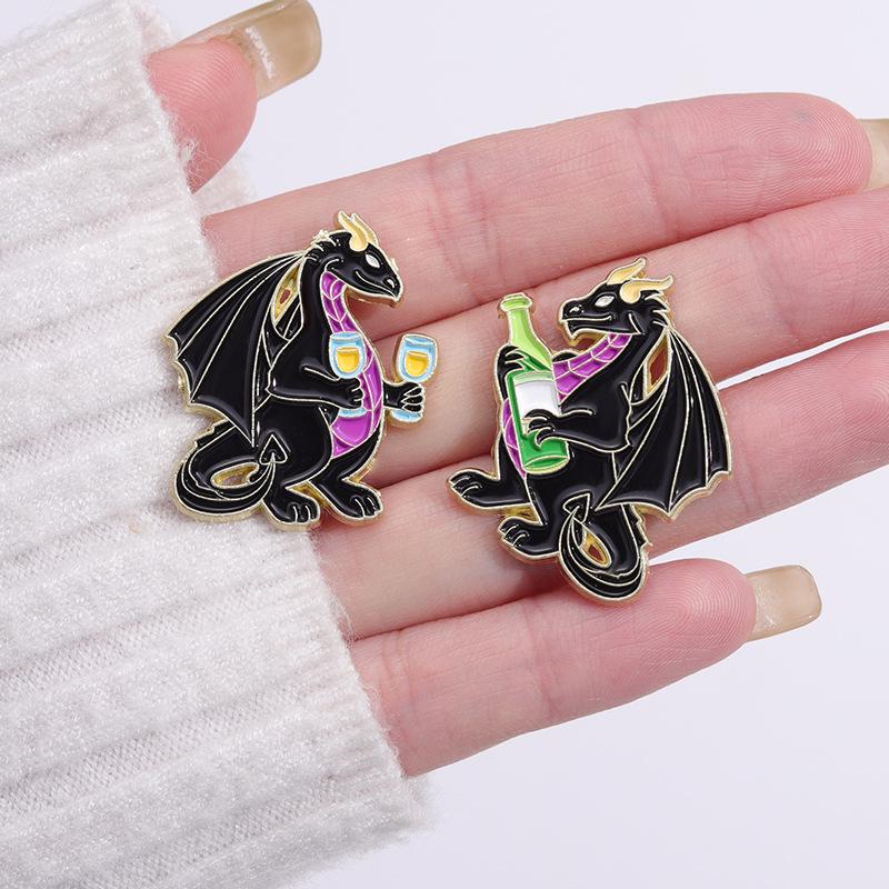 Playful Dinosaur Black Drink Cup Metal Brooch Creative Animal Badge Accessory For Fashion Enthusiasts