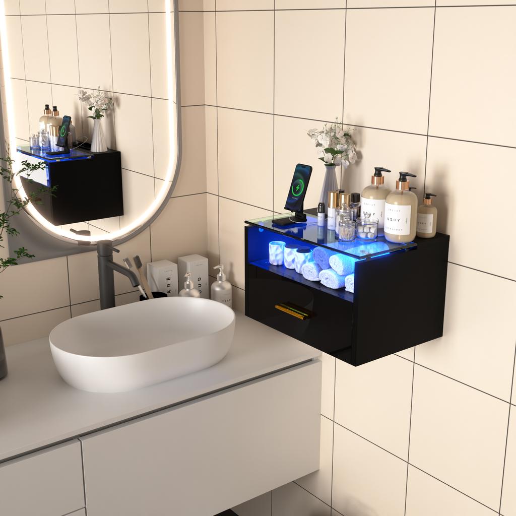 Wall-mounted Bedside Table with Lights 3-Tier 2AC/2USB with Drawer Wood Bedside Multifunctional Cabinet Tempered Glass Top Shelf