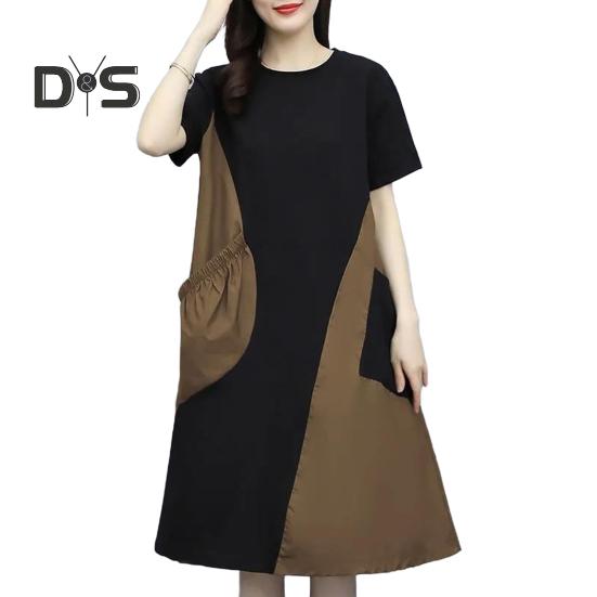 

Женское платье миди с круглым вырезом и коротким рукавом, свободное летнее платье с карманами, цвет пэчворк, легкое повседневное платье 3XL кофейный