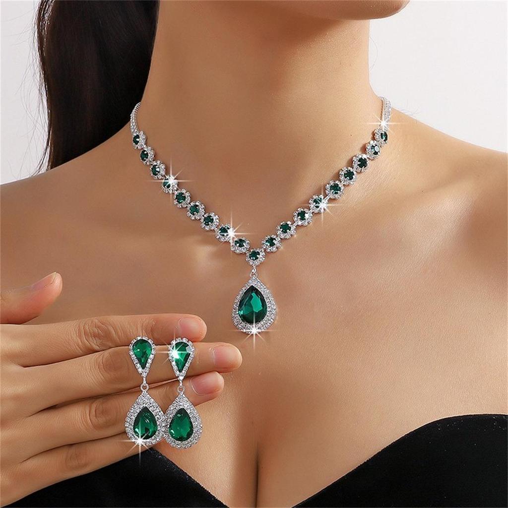 Colorful Crystal Water Drop Necklace & Earring Set for Women - Wedding & Party Jewelry (3 Pcs)