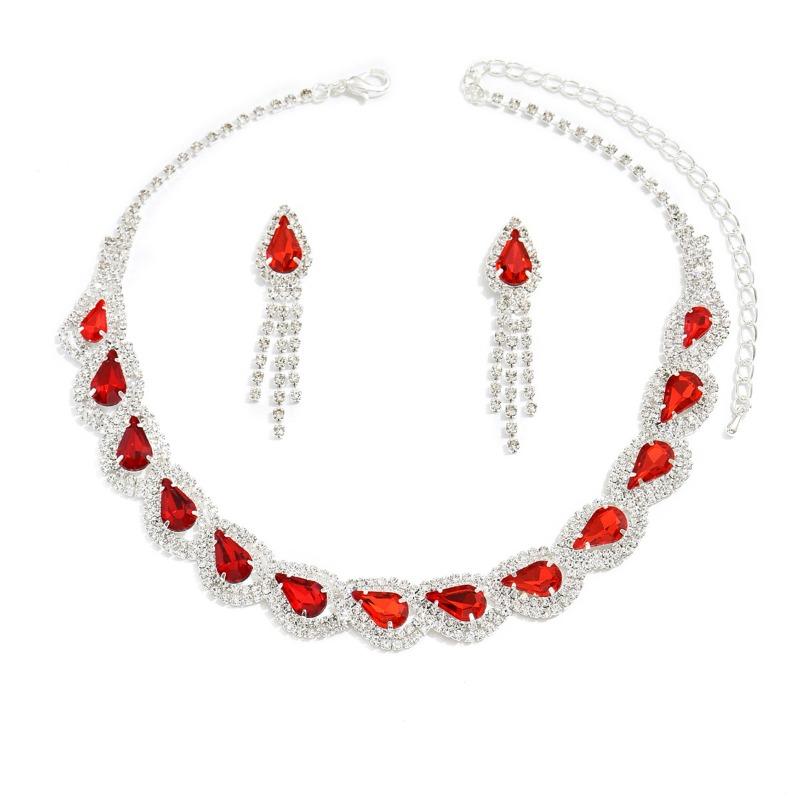 Jewelry Set Colored Water Drop Necklace Earrings Two-Piece Set Bridal Wedding Dress Versatile Fashion Accessories Women