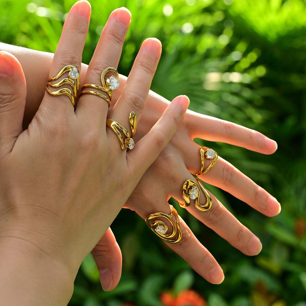 Cubic Zircon Irregular Hollow Opening Ring for Women, Geometric Twist Lines Stainless Steel Ring, Fashion Waterproof Jewelry