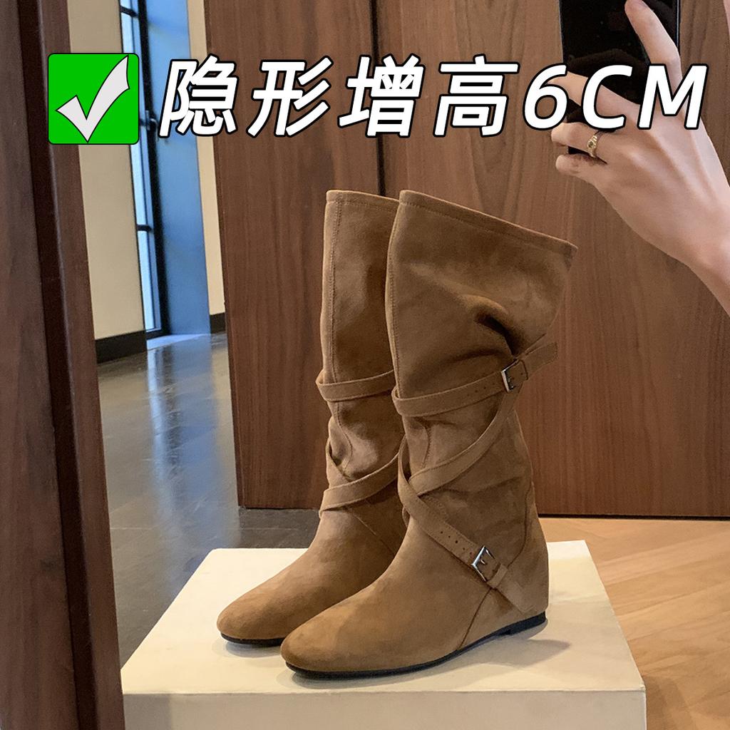Inner height increase 6cm Korean round head buckle with soft pleated thin high boots