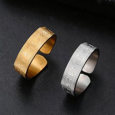LIKGREAT Viking Rune Ring Stainless Steel Adjustable Open Rings Norse Pagan Symbol for Men Women Spiritual Amulet Jewelry Gift
