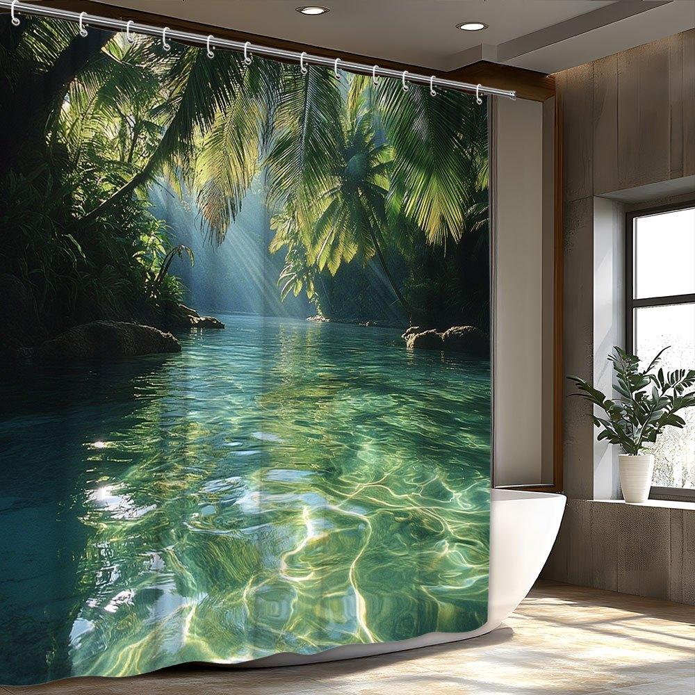 Transform Your Bathroom with this Waterproof Shower Curtain Featuring a Lush Forest Waterfall for a Relaxing Ambiance