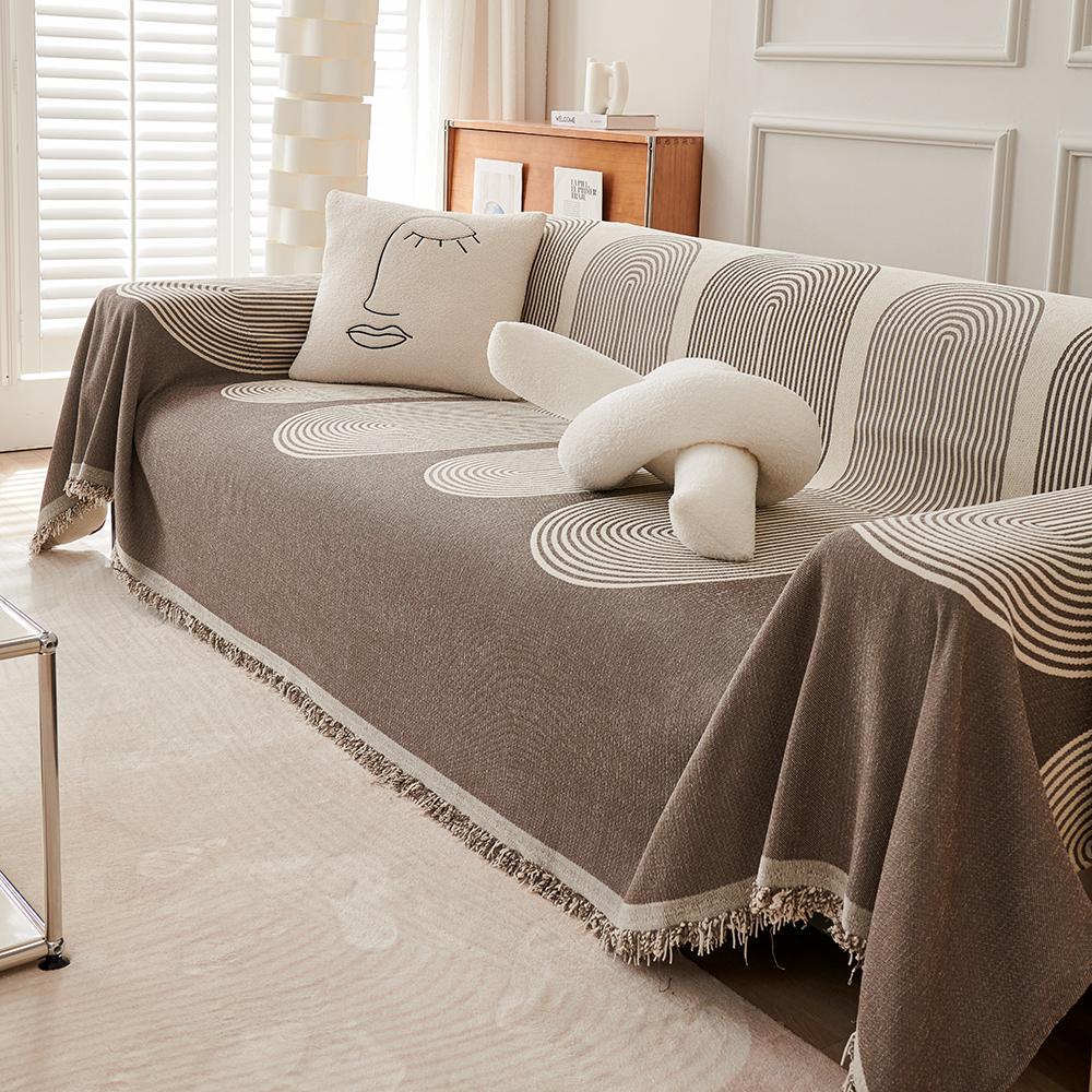 1Pc Geometric Jacquard Chenille Sofa Cover With Tassels Double-Sided Thick Sofa Blanket For Living Room Decor Multiple Use