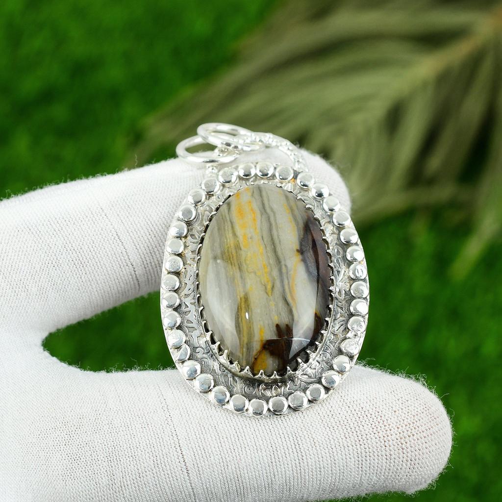 Natural Peanut Wood Jasper Gemstone Pendant 925 Sterling Silver For Girls