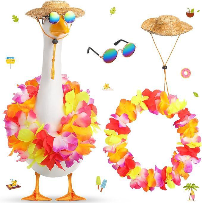 Porch Goose Hawaiian Outfit for Porch Goose, With Sunglasses, Straw Hat and Hawaiian Flower Garland, Porch Goose with Outfits