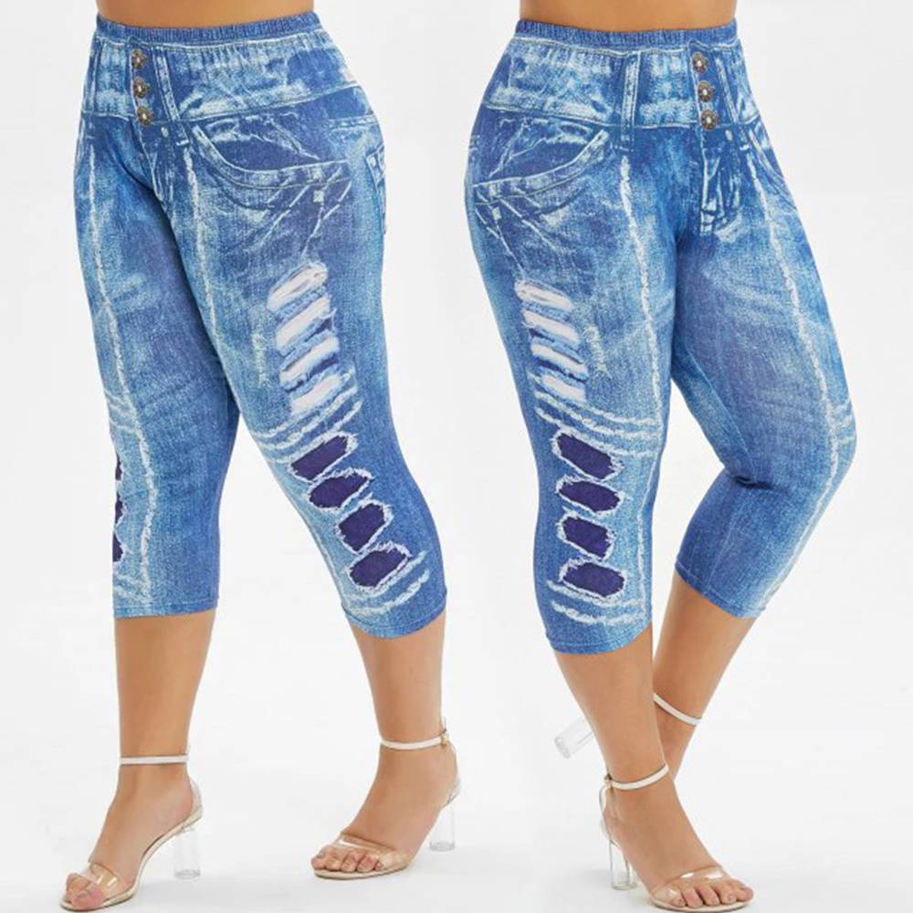 

Женские леггинсы с высокой талией и джинсовым стилем, обтягивающие джинсы, эластичные брюки Plus L синий