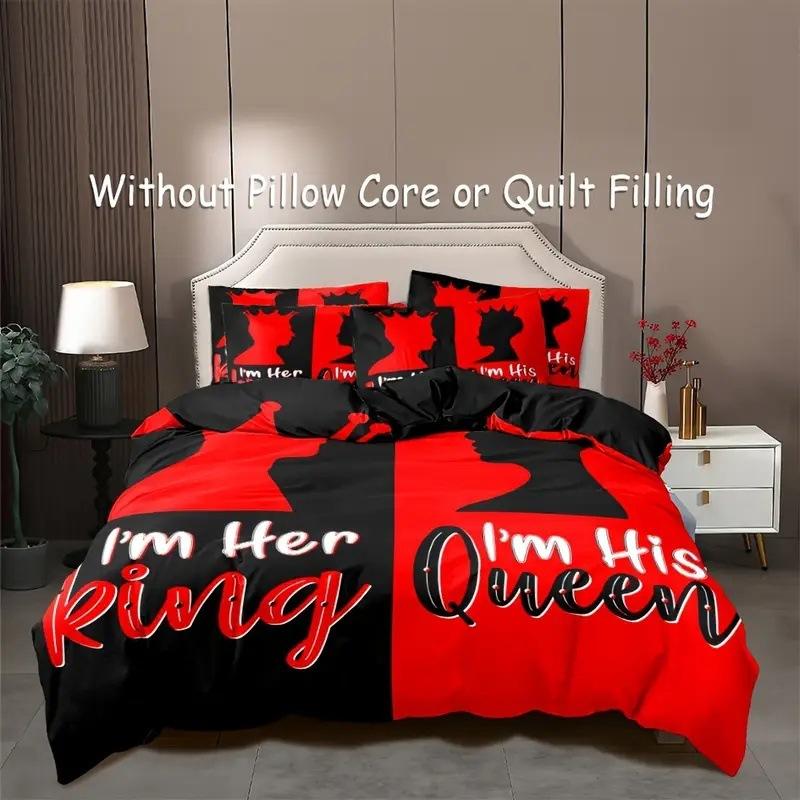 Comforter King Queen Black And Red Crown Design Comforter Soft Aesthetic Elegant Modern Bedding Set With 2 S